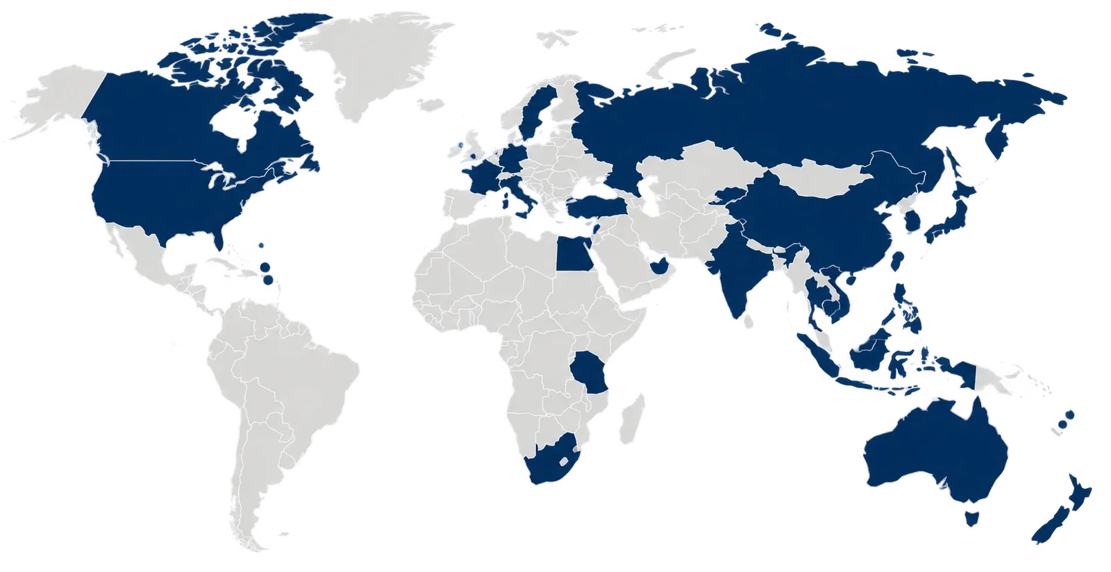 World map with the markets ITMC Fiduciary serves marked in navy, and Labuan marked in gold